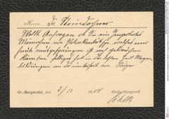 Nachlass Franz Steindachner, Postkarte von August Söhlke an Franz Steindachner (02.12.1908), Inv.Nr. 497.01, Seite 2